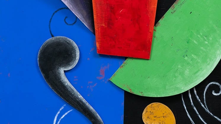 Image of artwork with blue, black, red and green