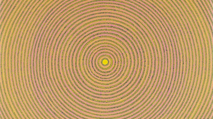 Image of artwork with yellow and darker concentric patterned circles 