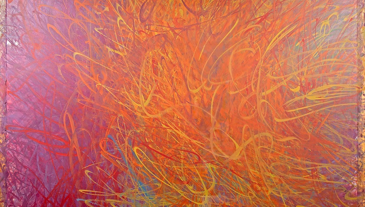 Image of artwork with red, orange and yellow abstract colurs